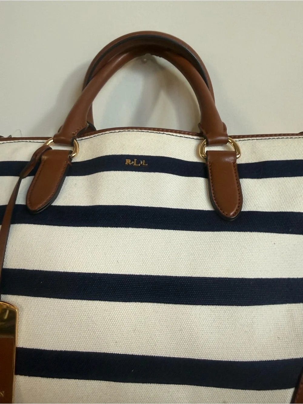 Ralph Lauren Black & White Striped Canvas Weekender with Brown Leather